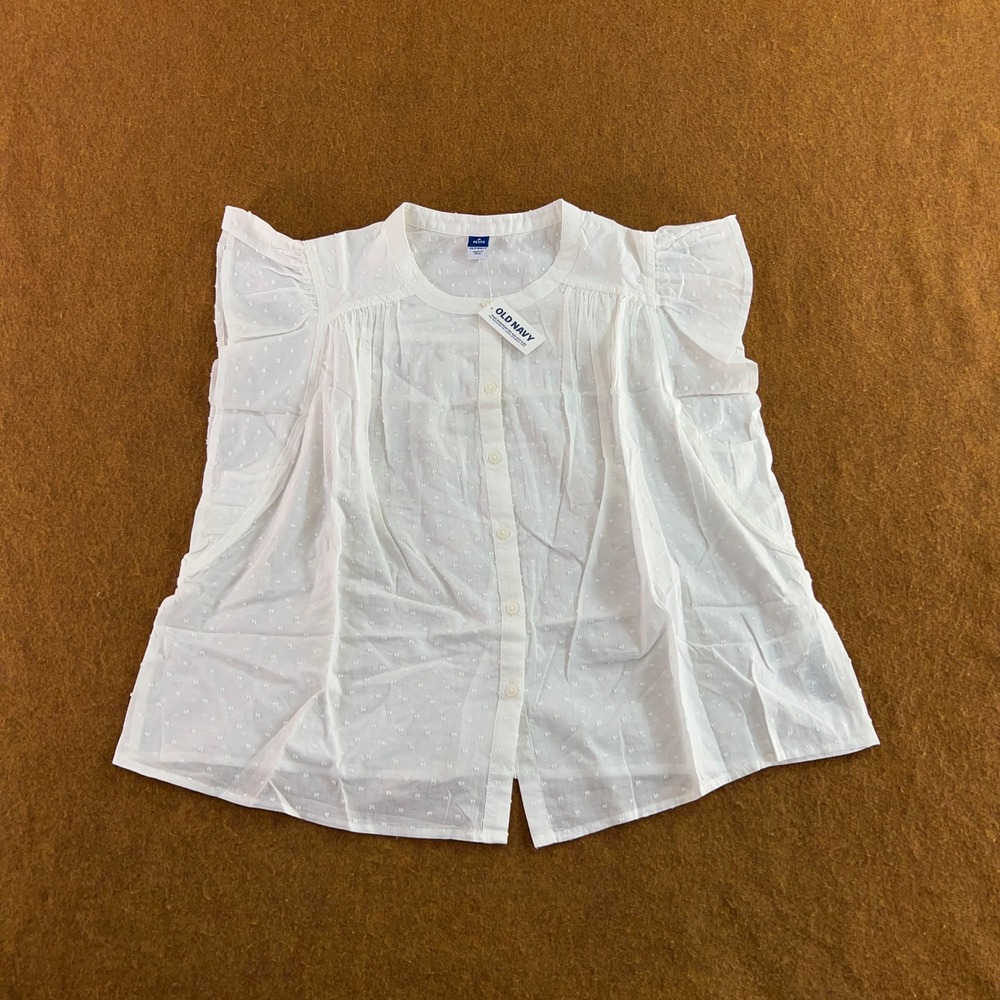 Old Navy Womens Medium Petite White Swiss Dot Ruffle Sleeveless Blouse NWT
